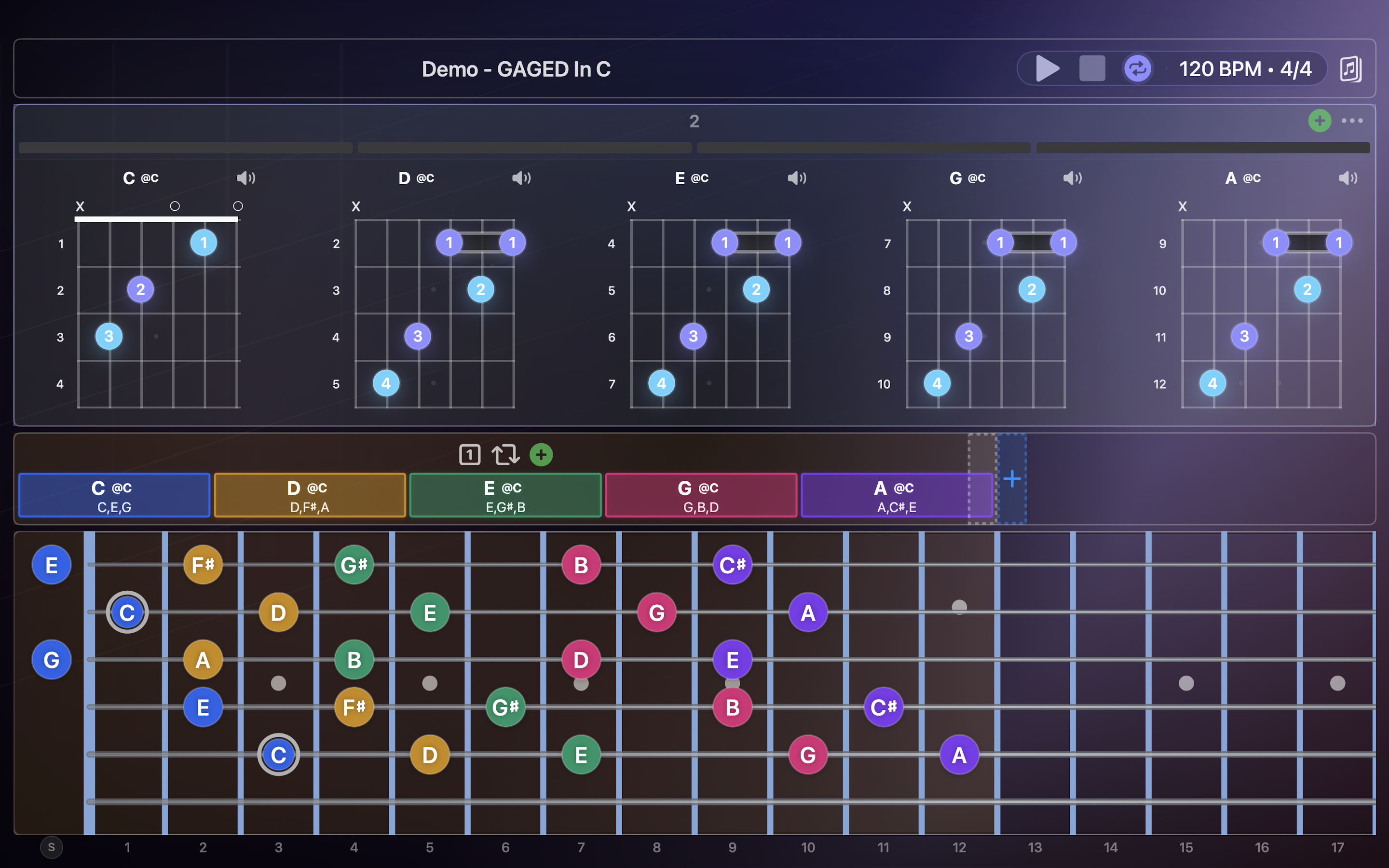 Layered fretboard view highlighting chord tones