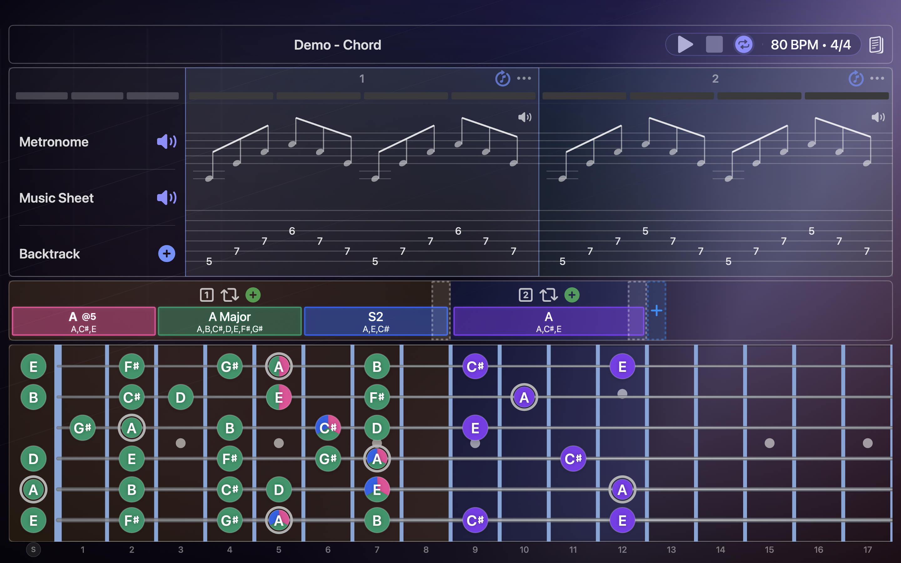 Guitar Vista workspace view with chord panels and fretboard